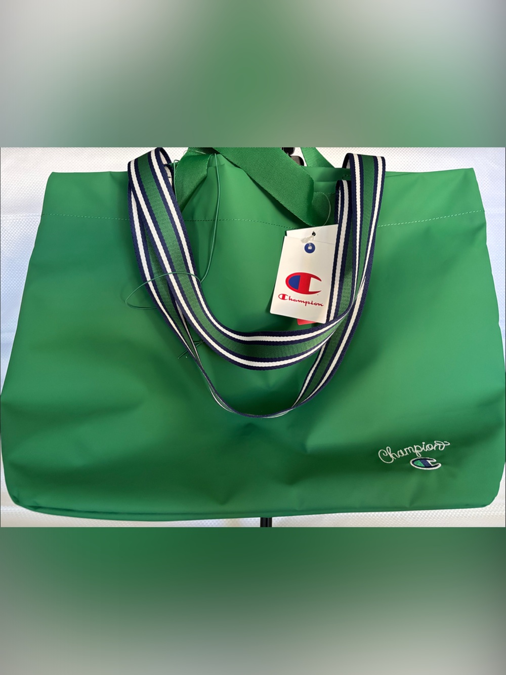 Champion Green Duffel with Navy-White Striped Strap